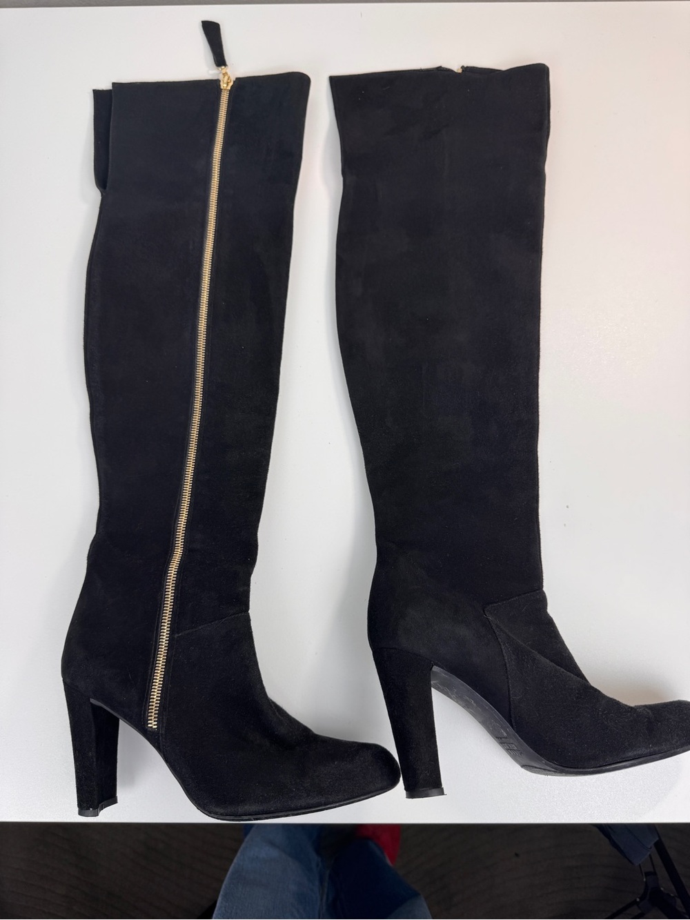 Stuart Weitzman Black Suede Over-the-Knee Boots with Gold Zip